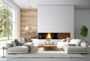 Living room with fireplace in white tones with Generative AI