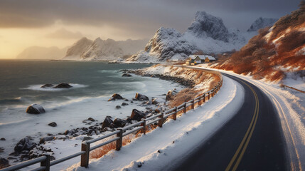 Sunset beautiful winter landscape with road. Created with Generative AI technology