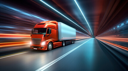 Semi Truck at speed in tunnel. Created with Generative AI technology