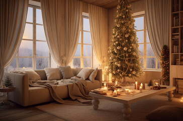 Obraz premium Living room decorated in Christmas style with Generative AI