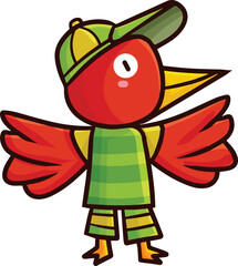 Funny red bird cartoon character wearing hat and shirt illustration