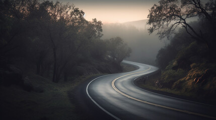 Cold and foggy hilltop road in the morning. Created with Generative AI technology