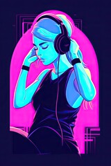 Naklejka na ściany i meble retro futuristic illustration of a female with headphones. She can be a DJ or doing fitness.