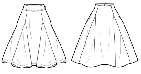 Godet Skirt, Paneled Skirt, Women Flared Skirt  Fashion Illustration, Vector, CAD, Technical Drawing, Flat Drawing, Template, Mockup.	