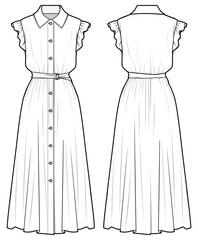 Women Frilled Sleeveless Collared Maxi Shirt Dress Front and Back View. Fashion Illustration, Vector, CAD, Technical Drawing, Flat Drawing, Template, Mockup.