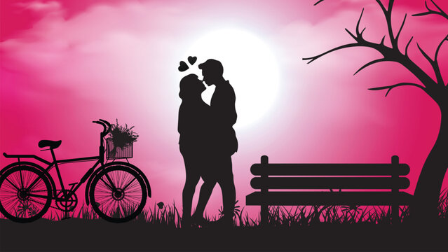 Silhouette image A couple of men and women with a Moon in the sky at night time design vector illustration is free to download. 