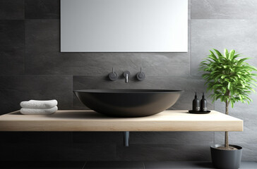 Fototapeta na wymiar Sink and bathroom in dark modern style with Generative AI