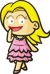 Funny cute yellow hair girl walking with pink dress