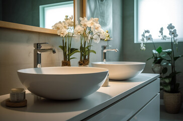 Fototapeta na wymiar Washbasin and bathroom in white modern style with Generative AI