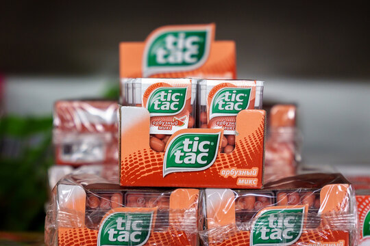 Tyumen, Russia-March 17, 2023: Tic Tac Candy package. Tic tac is popular due its minty fresh taste.