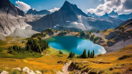 Fototapeta na wymiar High Mountain landscape with a lake. summer camp background with mountain, Generative AI.