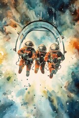 Obraz na płótnie Canvas A painting of three astronauts floating in space. Generative AI image.