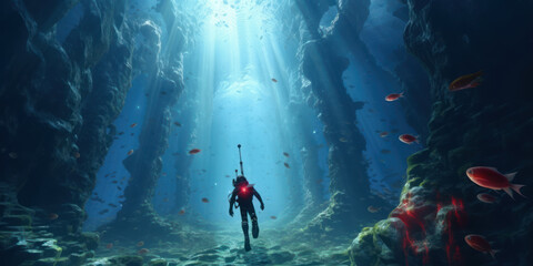 Fototapeta na wymiar Journey to the Abyss: Scuba Diver Explores Deep Ocean Cavern