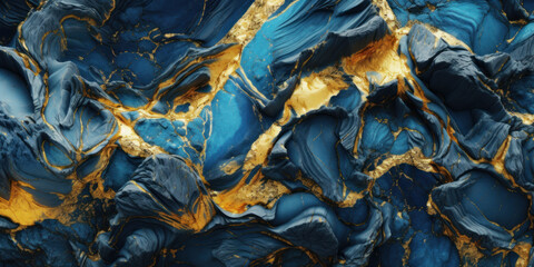 Obraz premium Marble stone with a gold vein and sapphire blue. Geode wallpaper background with a vivid graphite texture. Generative AI
