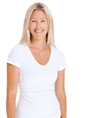 Fototapeta premium Smile, happy and portrait of a woman isolated on a transparent png, background. Natural beauty, casual fashion and positive mindset of a confident female model person from Canada with blonde hair