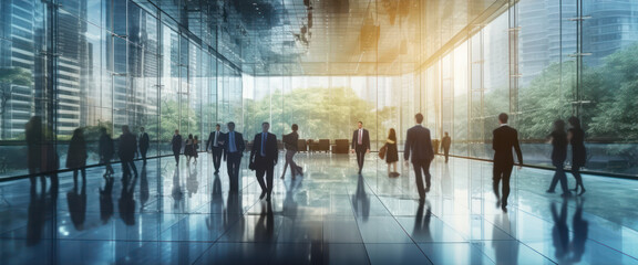 Abstract Corporate: Blurred People in White Glass Office. 