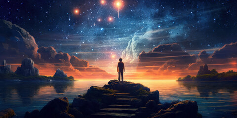 Starry Night Adventure: Boy's Dreamy Sky Illustration. 