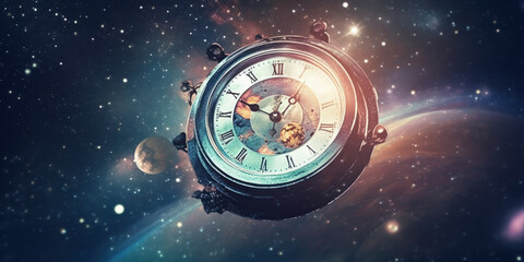 Time Traveler's Perspective: Clock in Space Depicting the Concept of Time. 