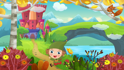 cartoon scene with cheerful smiling dwarf near fairy tale magical castle illustration for children