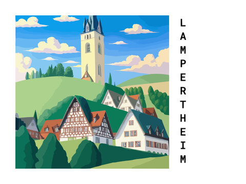 Lampertheim: Vintage artistic travel poster with a German scenic panorama and the title Lampertheim