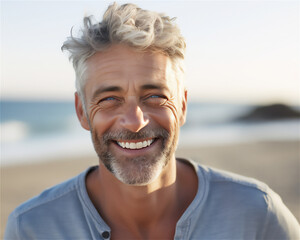 Happy Middle-aged Man smiling. Beach Background. Ai generated.