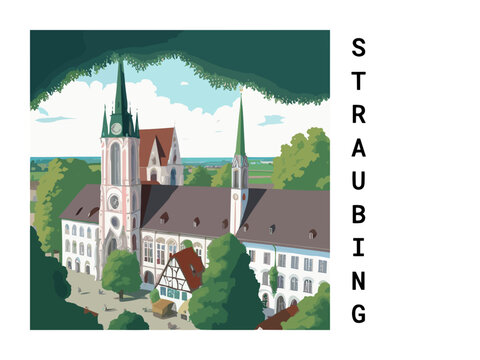 Straubing: Vintage artistic travel poster with a German scenic panorama and the title Straubing
