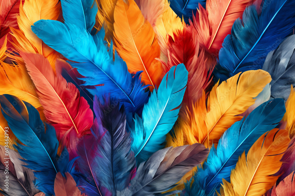 Poster A collage-style feather background pattern texture, with feathers of various species and sizes overlapping and layered to create a visually rich and textured composition. Generative AI technology.