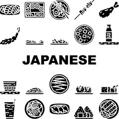 japanese food sushi japan icons set vector. sashimi asian menu, salmon dinner, delicious traditional, temaki roll, restaurant japanese food sushi japan glyph pictogram Illustrations