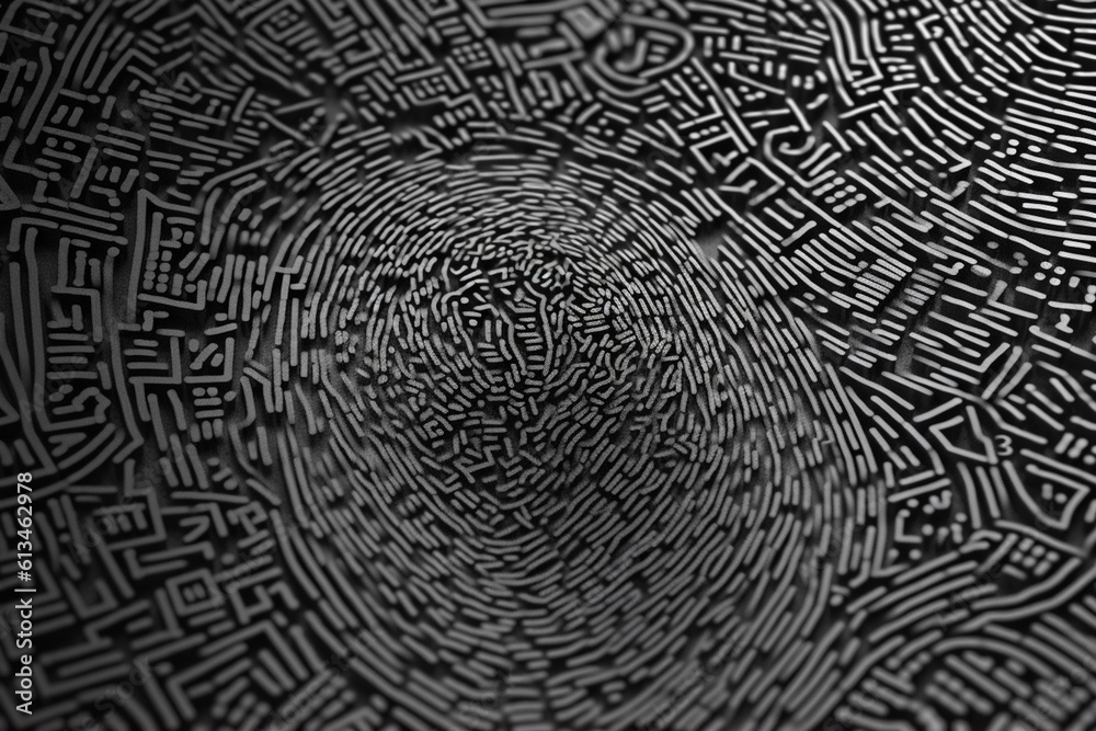 Leinwandbilder A fingerprint formed with typography, using letters and characters to create the distinct ridges and patterns, representing the power of language and communication.  Generative AI technology.
