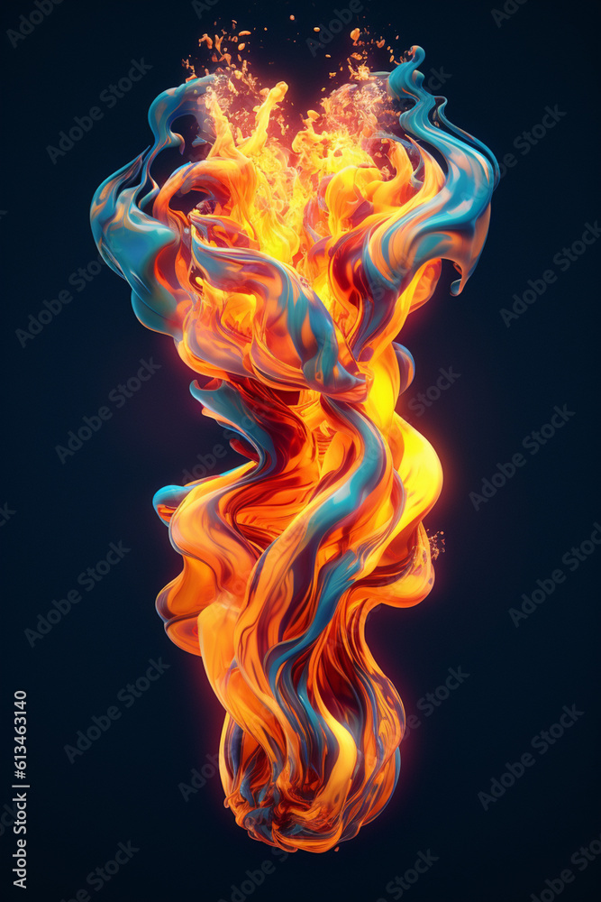 Poster a digital artwork depicting a flame-shaped abstract figure with vibrant colors and dynamic shapes, g