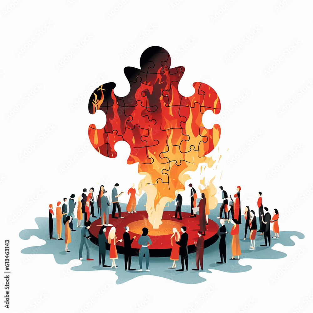 Poster a conceptual artwork featuring a flame-shaped puzzle piece fitting into a larger puzzle, generative 
