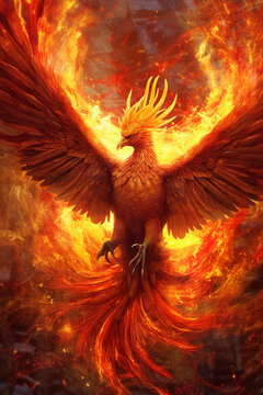 A digital composition of a fiery phoenix rising from the flames, symbolizing resilience, rebirth, and overcoming challenges. Generative AI technology.