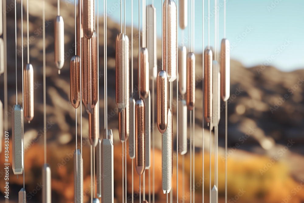 Poster wind chimes delicately swaying in the breeze, creating soothing and melodic sounds as wind passes th