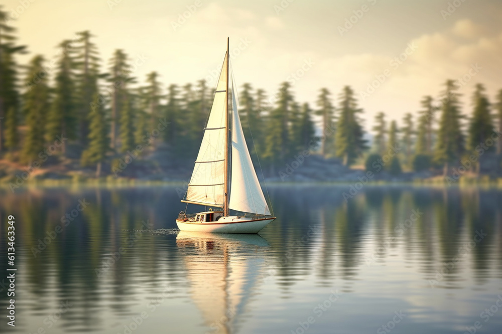 Poster a sailboat gliding across a tranquil lake, propelled by a gentle breeze, representing the harmony between wind and water.  Generative AI technology.