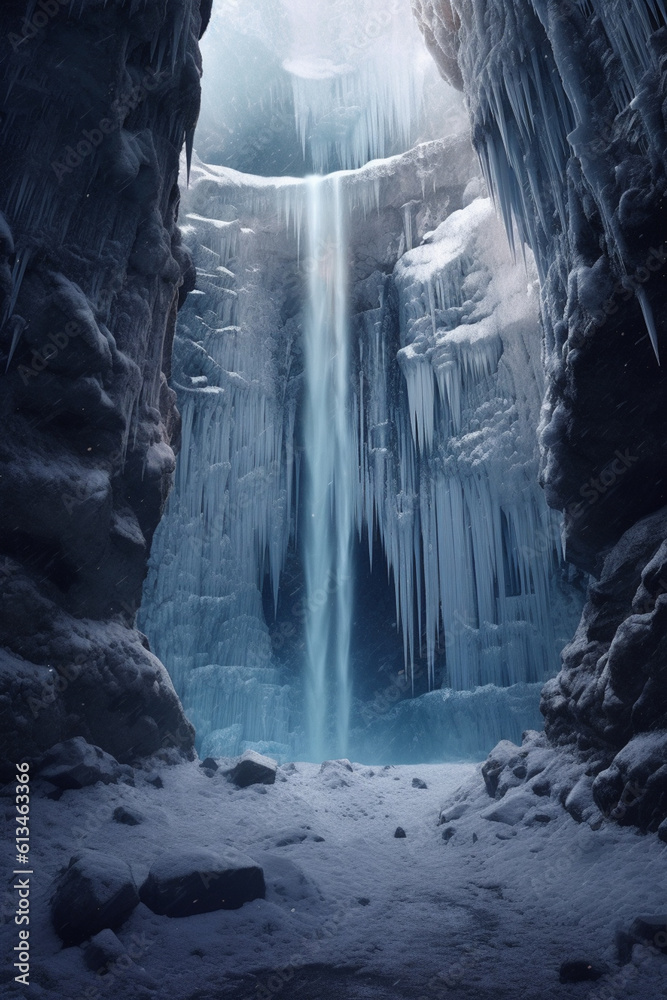 Poster a frozen waterfall, with icicles suspended from its edges and the surrounding landscape covered in a glistening layer of ice. Generative AI technology.