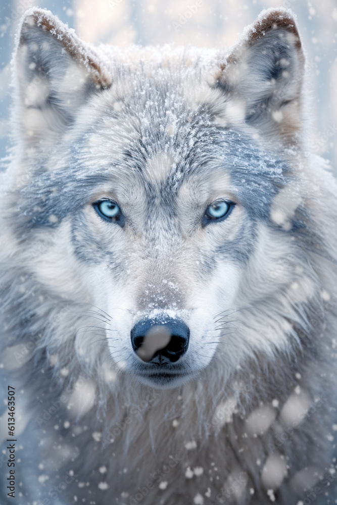 Poster a frozen wolf, with its fur covered in frost, capturing the intense and captivating gaze of this wil