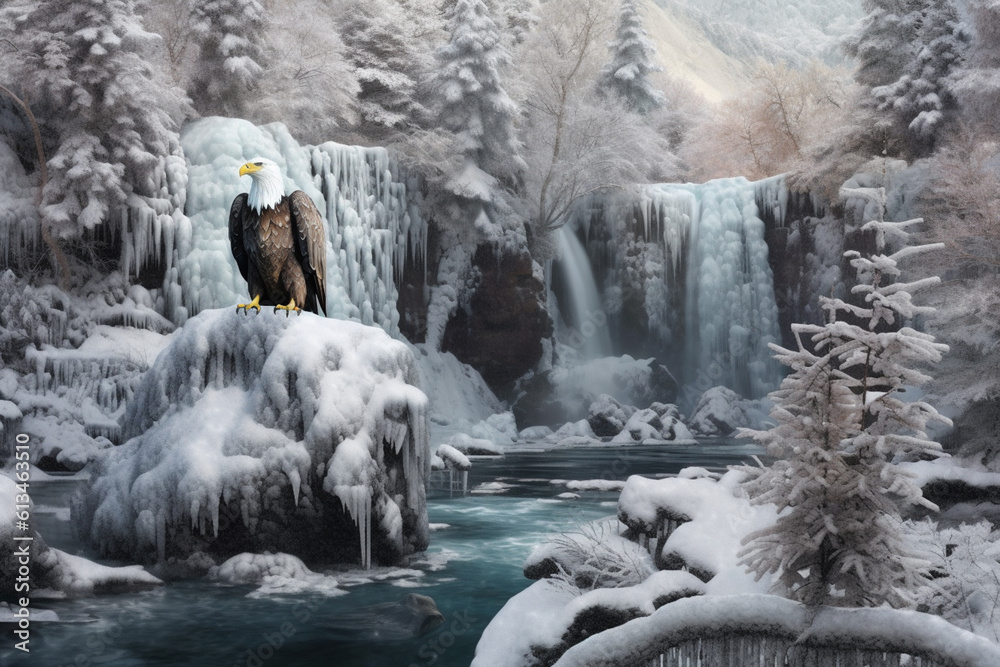 Poster a frozen waterfall, with a bald eagle perched on a nearby branch, capturing the symbiotic relationsh