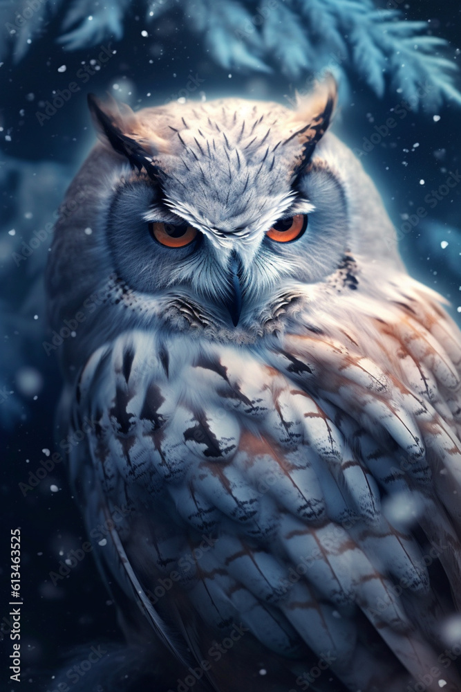 Poster an artistic depiction of a frozen owl, with its feathers fluffed up to keep warm, conveying the myst