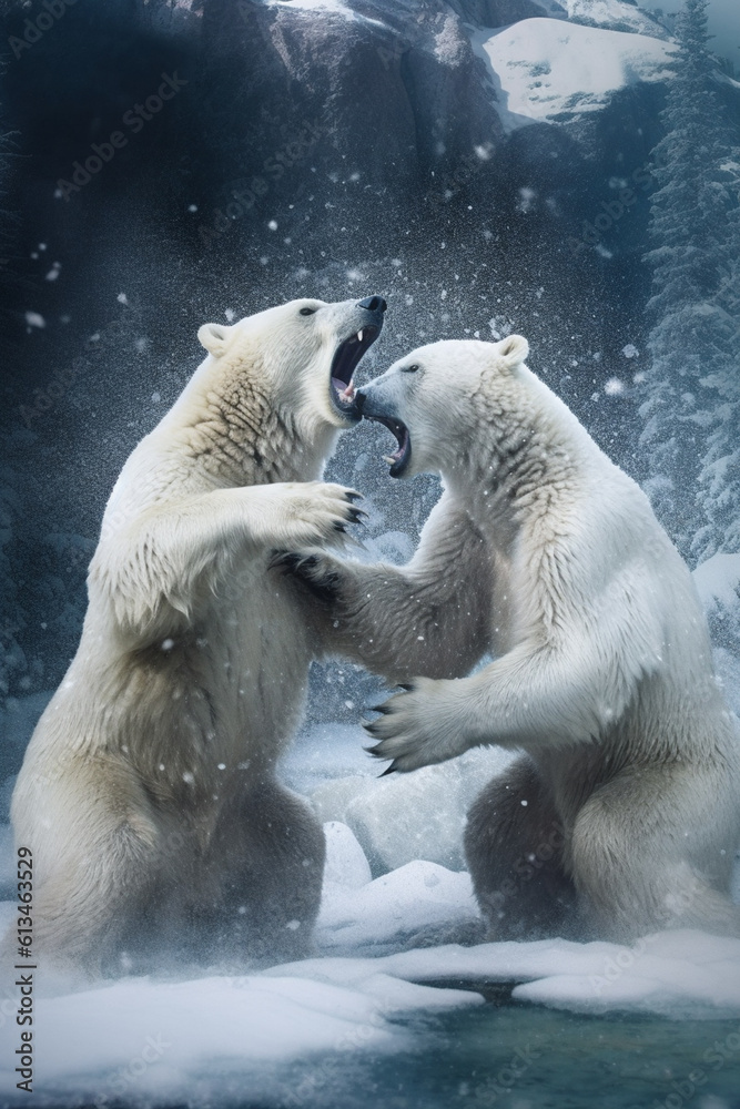 Poster a frozen moment of two polar bears engaging in a playful interaction, generative ai technology.