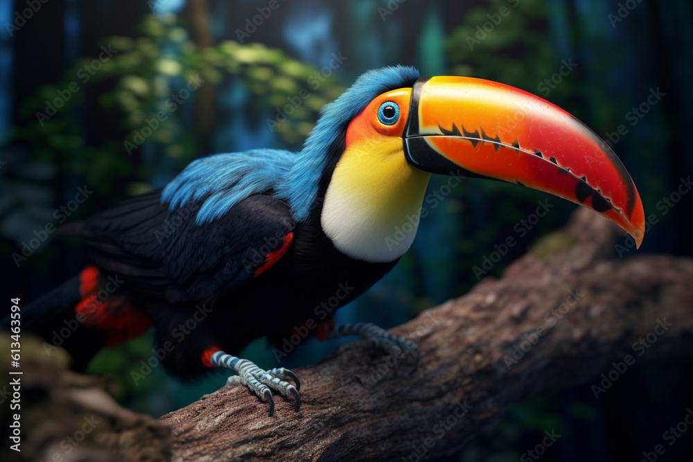 Poster A close-up shot of a colorful toucan perched on a branch, with its vibrant feathers and distinctive beak stealing the spotlight. Generative AI technology.