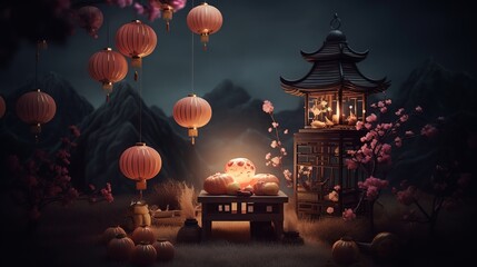 Autumn Festival greeting banner. Cute rabbits,moon scenery in the night forest.Happy Mid Autumn Festival.illustration