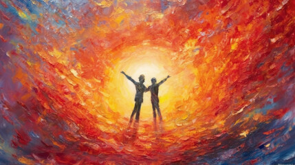 painting of Lgbtq two people painting of the celestial scene, vibrant impressionism