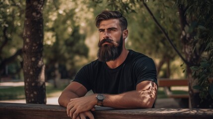 A man with a beard sitting on a bench. Generative AI image. - obrazy, fototapety, plakaty