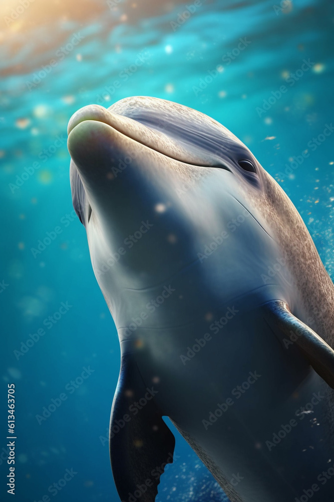 Poster a curious and intelligent-looking dolphin, capturing the friendly and inquisitive nature of these ma