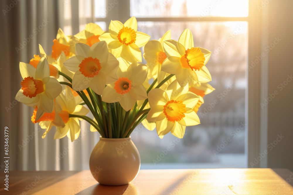 Poster a bouquet of daffodils, with their sunny yellow color representing joy and new beginnings. generativ