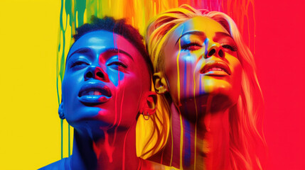 Obraz premium Concept Pride Month Lgbt portrait of Caucasian and Black people in dripping art style