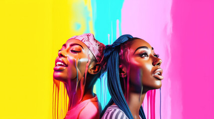 Obraz premium Pride Lgbt portrait of Caucasian and black people in dripping art style