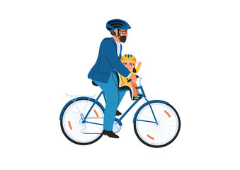 Fototapeta premium Man with child in helmets on bike. Happy father and kid in bicycle children chair. Family relationship concept. 