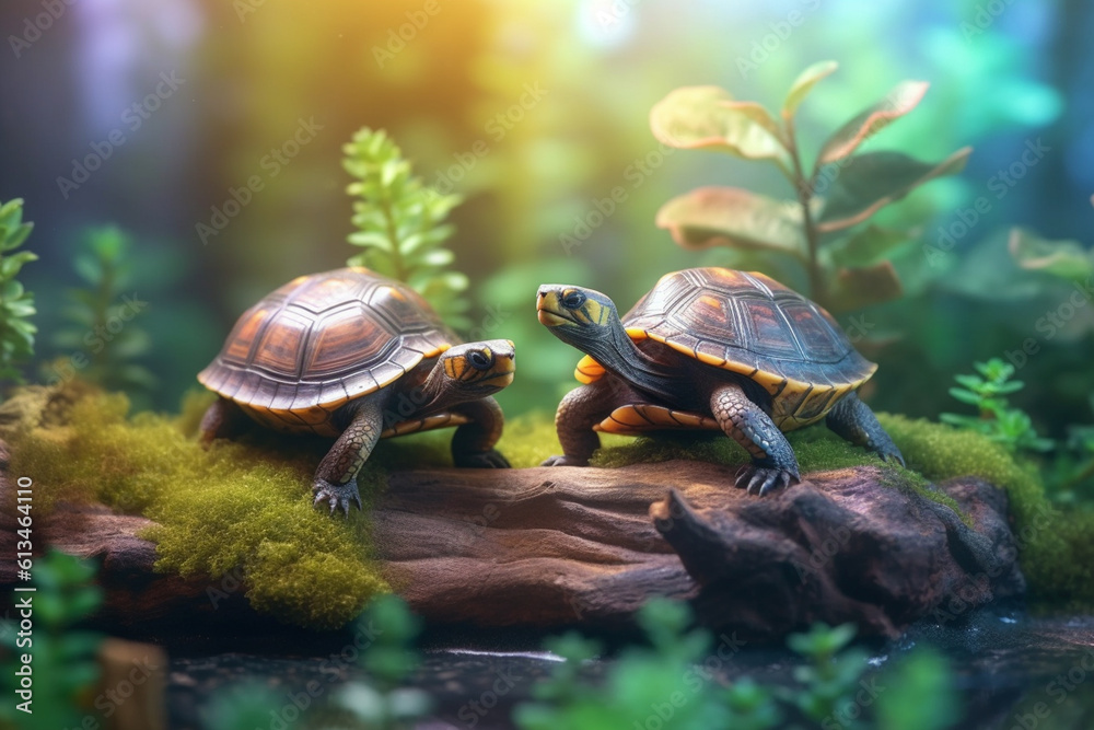 Aufkleber a pair of turtles basking on a log in a terrarium, representing the calm and low-maintenance nature 
