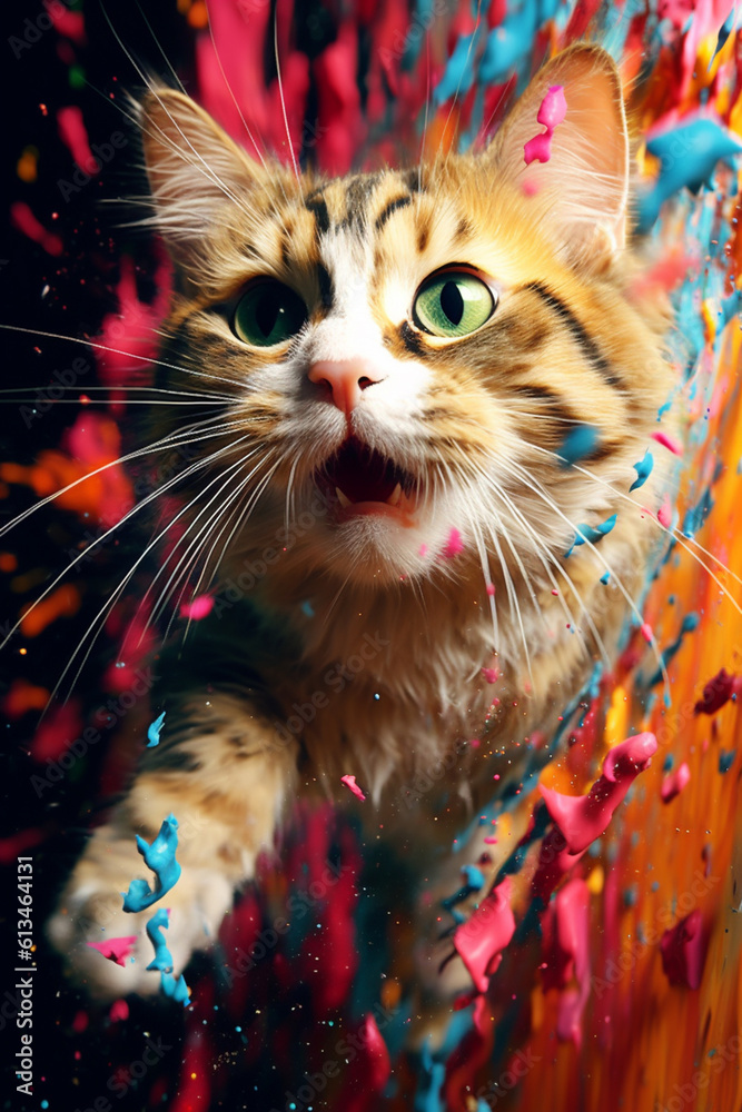 Aufkleber An abstract surreal photograph of a Cat splashed in bright paint, symbolizing freshness and health. Generative AI technology.